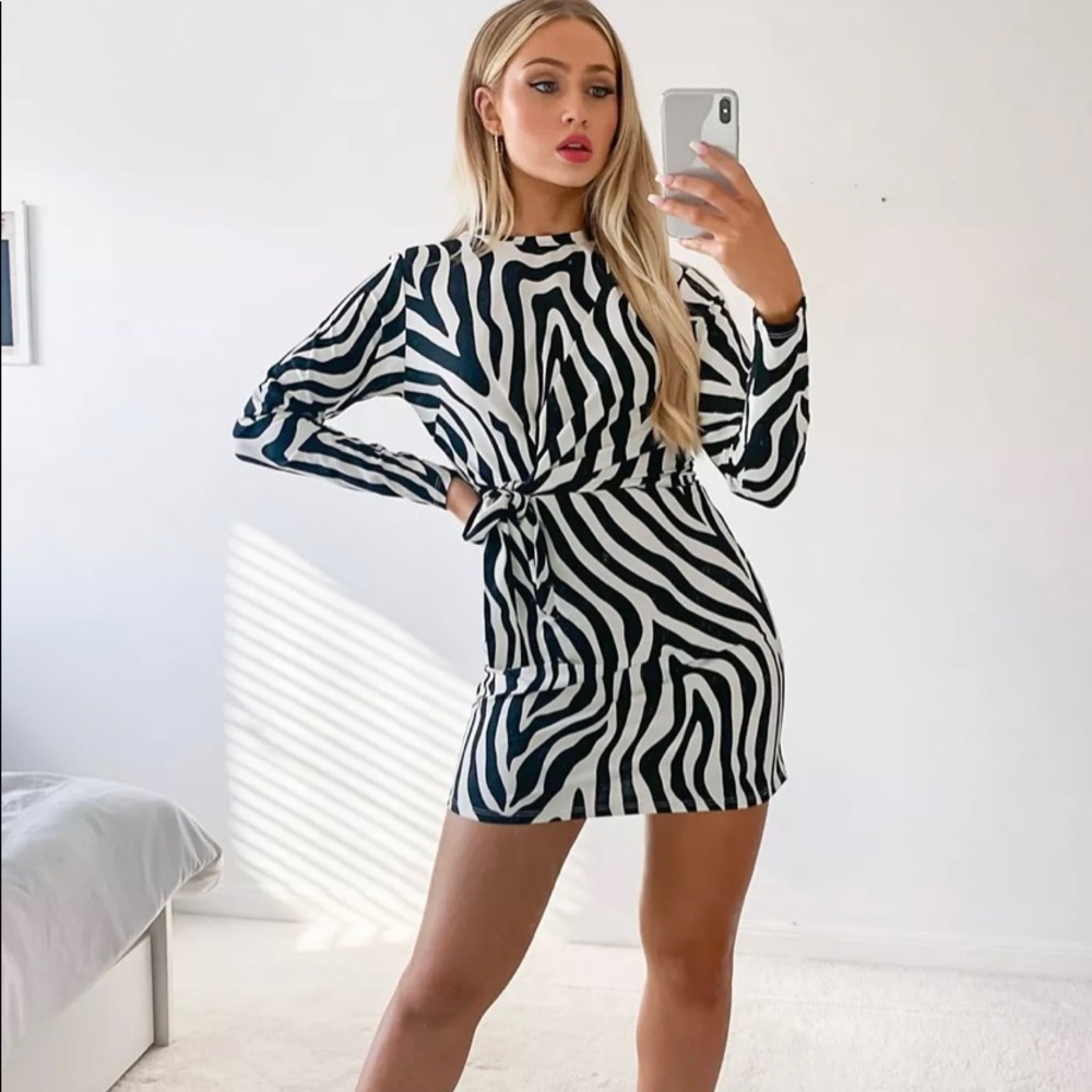 Brand New!! ASOS DESIGN mini wrap slinky dress with long sleeve in zebra print